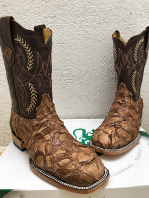 A pair of Arapaima Fish Custom Mde Work Boots with Steel toe and Leather sole
