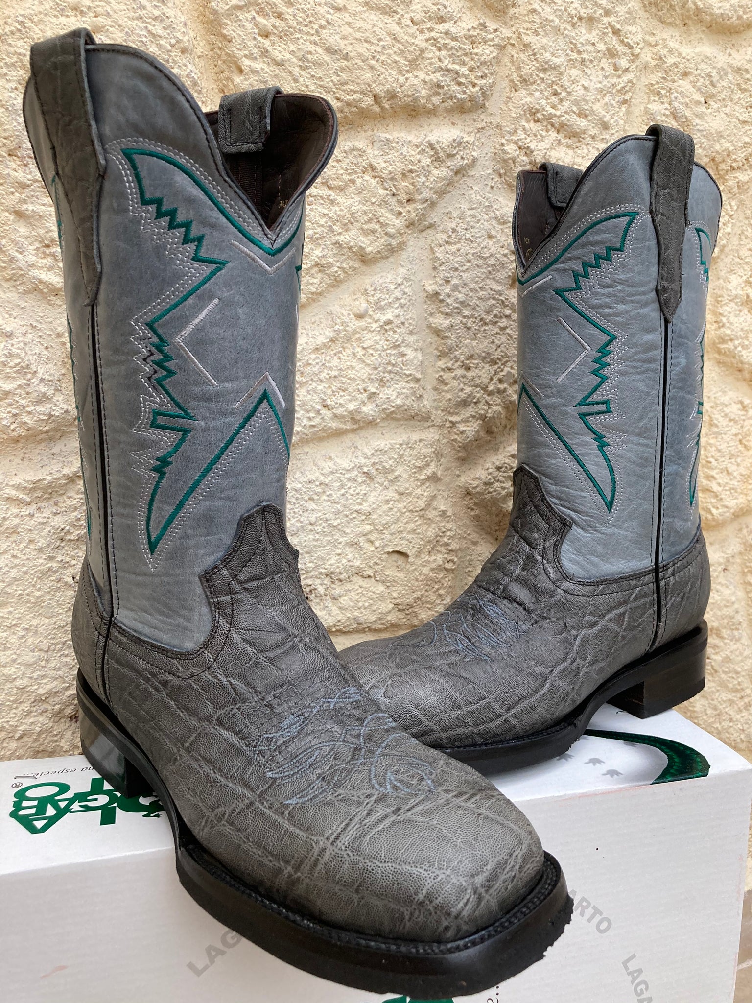 A Pair of Custom Made Shark Skin Work Boots with Steel Toe and slip resitant soles with custom embroidery