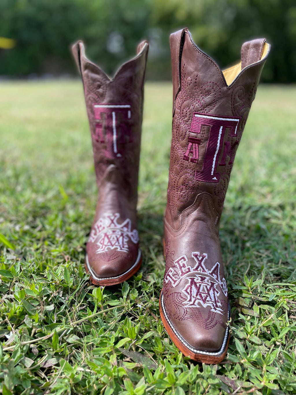 Custom Cowboy boots with Texas A&M logo embroidered on