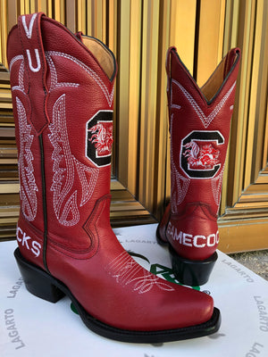 Red pair of The University of South Carolina custom cowboy boots with the university logo and slogan stitched on